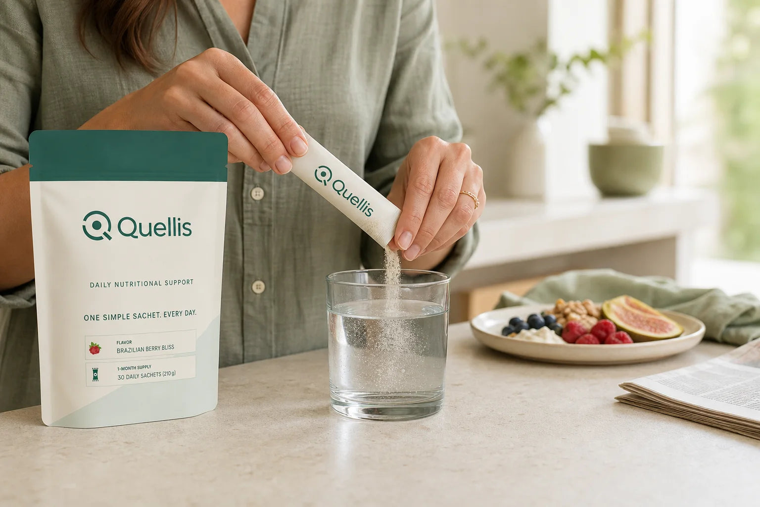 A Quellis sachet being mixed into a morning drink